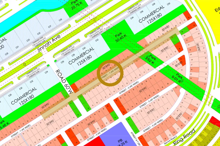 Street 1 in the Lake East sector on the Margalla Enclave master plan, marked with a ring