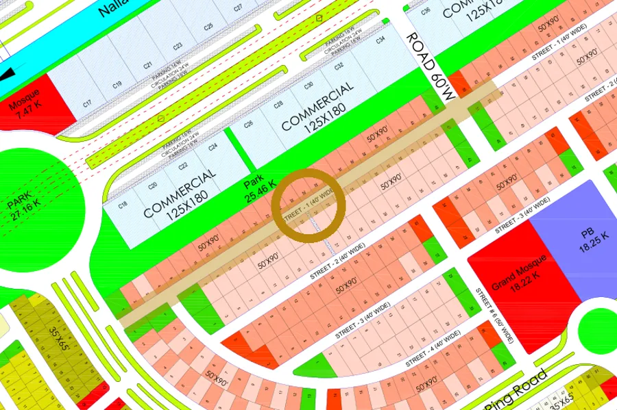 Street 1 in the Lake West sector on the Margalla Enclave master plan, marked with a ring