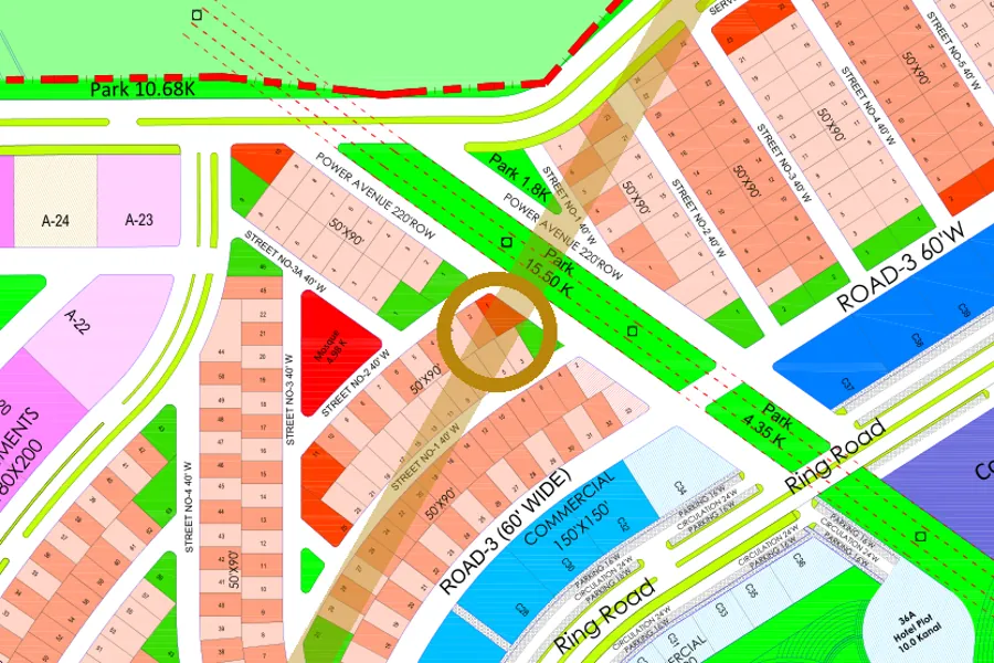 Street 1 in the North-East sector on the Margalla Enclave master plan, marked with a ring