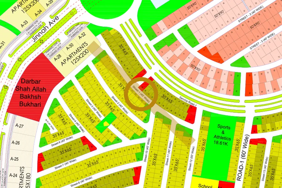 Street 1 in the South-West sector on the Margalla Enclave master plan, marked with a ring