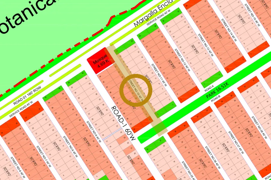 Street 10 in the North-East sector on the Margalla Enclave master plan, marked with a ring
