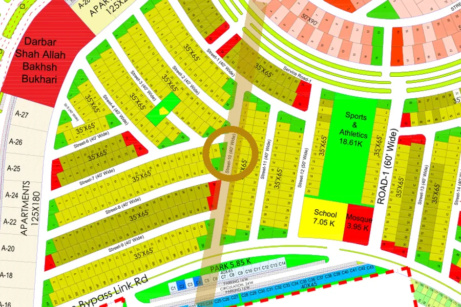 Street 10 in the South-West sector on the Margalla Enclave master plan, marked with a ring