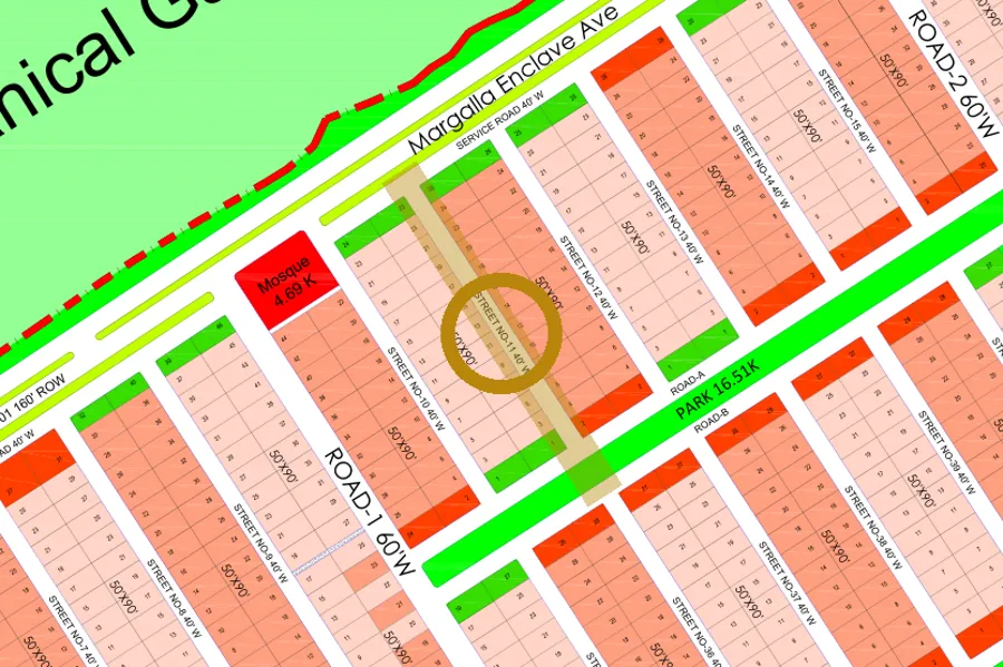Street 11 in the North-East sector on the Margalla Enclave master plan, marked with a ring
