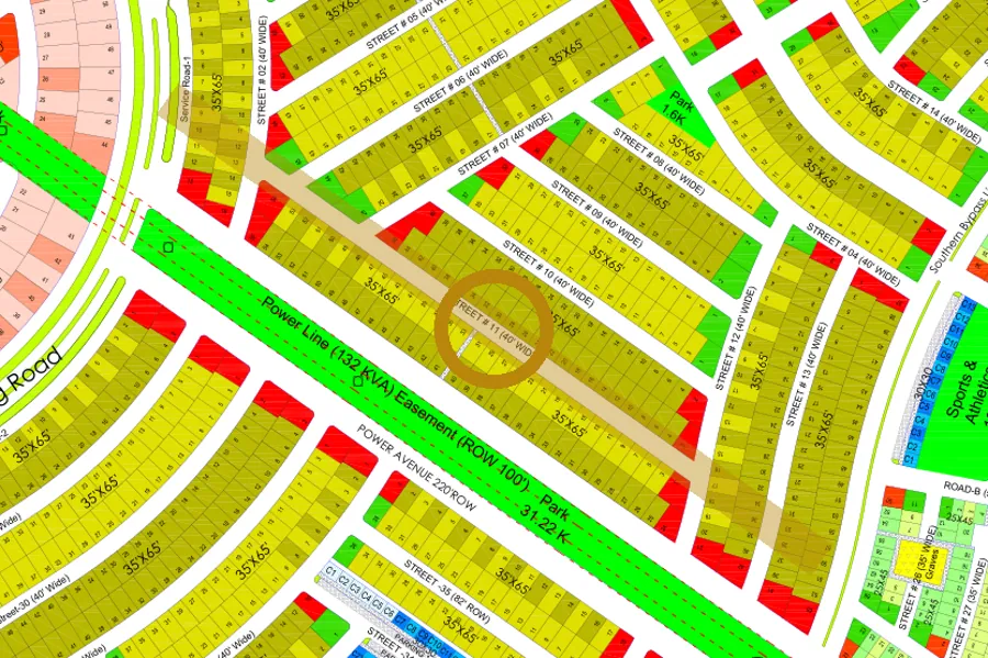 Street 11 in the South-East sector on the Margalla Enclave master plan, marked with a ring