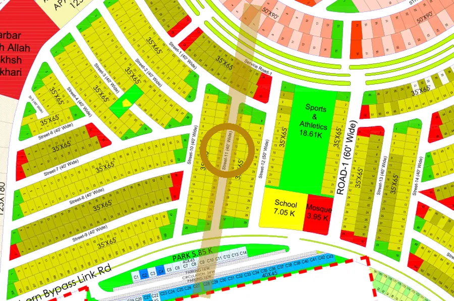Street 11 in the South-West sector on the Margalla Enclave master plan, marked with a ring