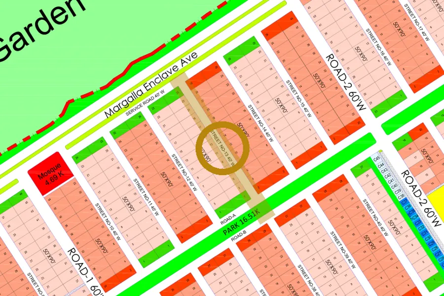 Street 13 in the North-East sector on the Margalla Enclave master plan, marked with a ring