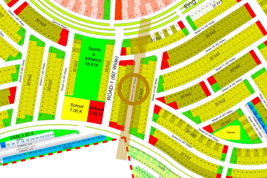 Street 13 in the South sector on the Margalla Enclave master plan, marked with a ring