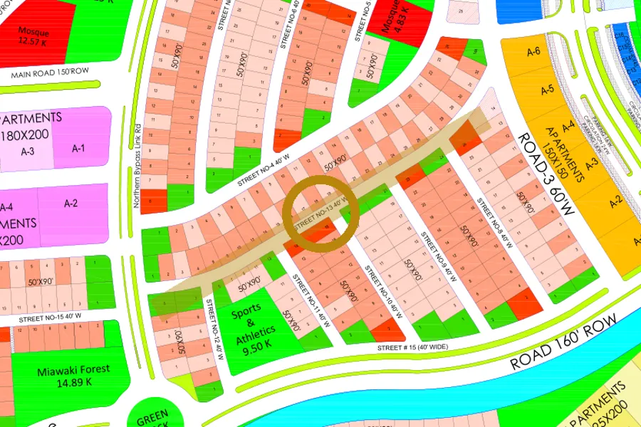 Street 13 in the West sector on the Margalla Enclave master plan, marked with a ring