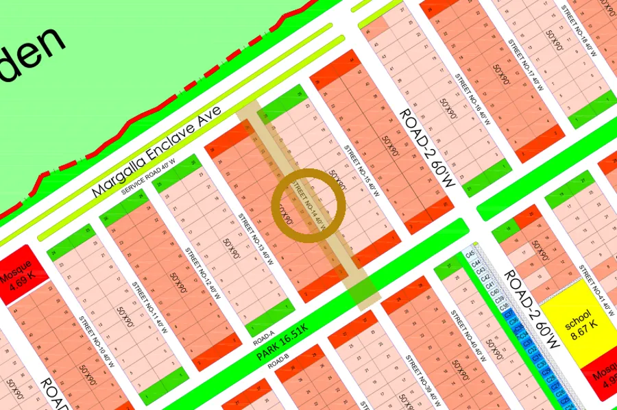Street 14 in the North-East sector on the Margalla Enclave master plan, marked with a ring
