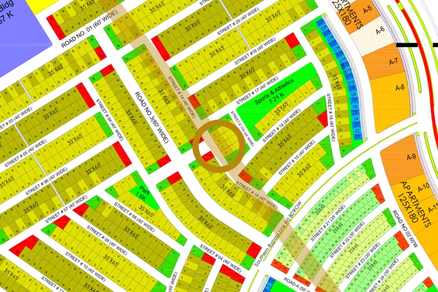 Street 14 in the South-East sector on the Margalla Enclave master plan, marked with a ring