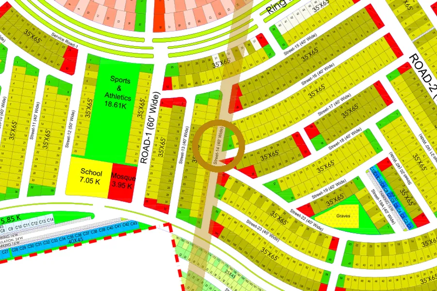 Street 14 in the South sector on the Margalla Enclave master plan, marked with a ring