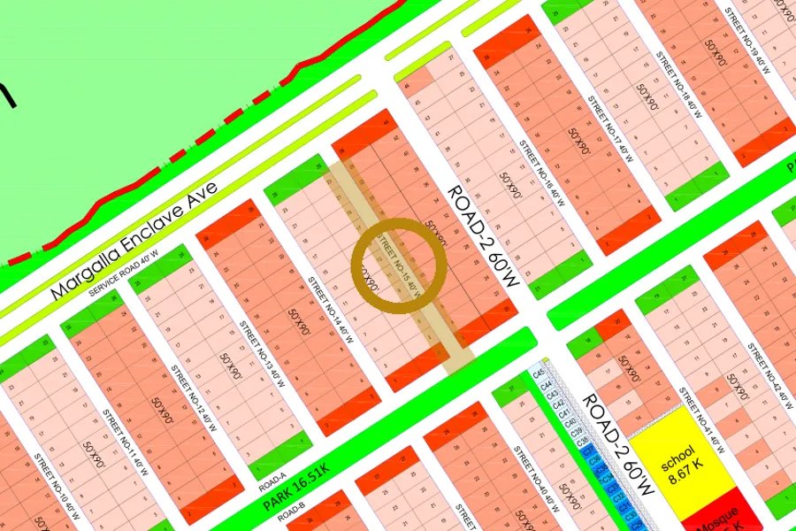 Street 15 in the North-East sector on the Margalla Enclave master plan, marked with a ring