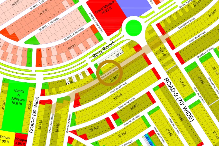 Street 15 in the South sector on the Margalla Enclave master plan, marked with a ring