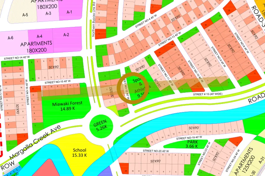 Street 15 in the West sector on the Margalla Enclave master plan, marked with a ring