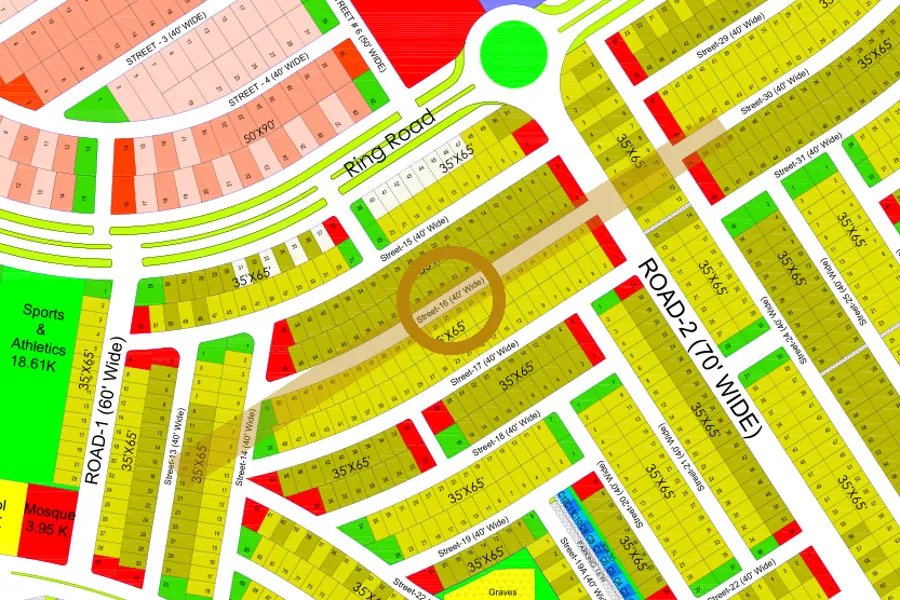 Street 16 in the South sector on the Margalla Enclave master plan, marked with a ring