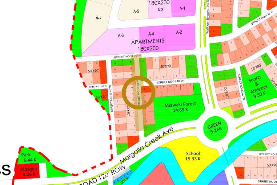 Street 16 in the West sector on the Margalla Enclave master plan, marked with a ring