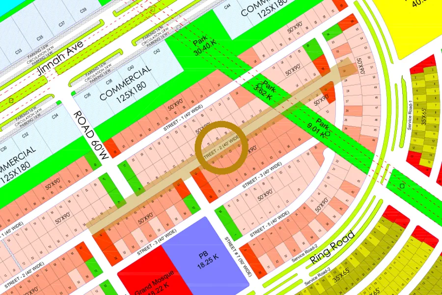 Street 2 in the Lake East sector on the Margalla Enclave master plan, marked with a ring