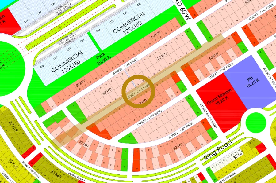 Street 2 in the Lake West sector on the Margalla Enclave master plan, marked with a ring