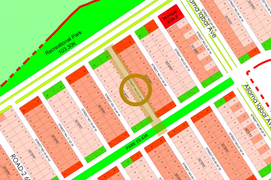 Street 20 in the North-East sector on the Margalla Enclave master plan, marked with a ring
