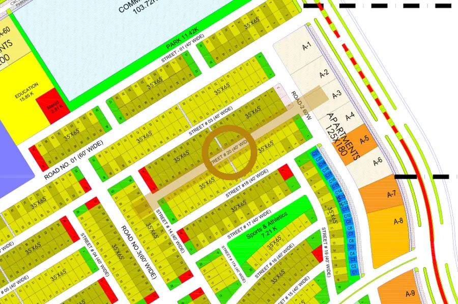 Street 20 in the South-East sector on the Margalla Enclave master plan, marked with a ring