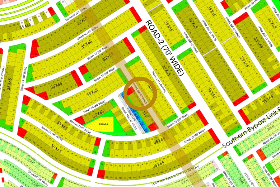 Street 20 in the South sector on the Margalla Enclave master plan, marked with a ring