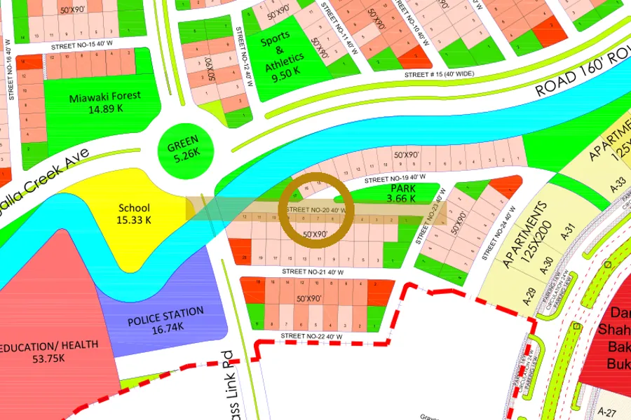 Street 20 in the West sector on the Margalla Enclave master plan, marked with a ring