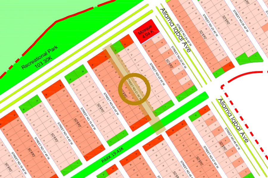 Street 21 in the North-East sector on the Margalla Enclave master plan, marked with a ring