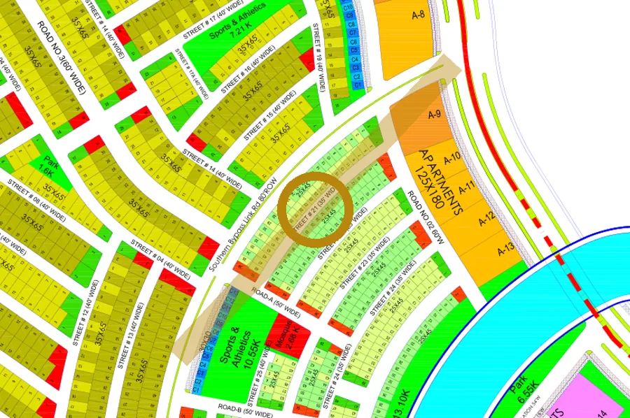 Street 21 in the South-East sector on the Margalla Enclave master plan, marked with a ring