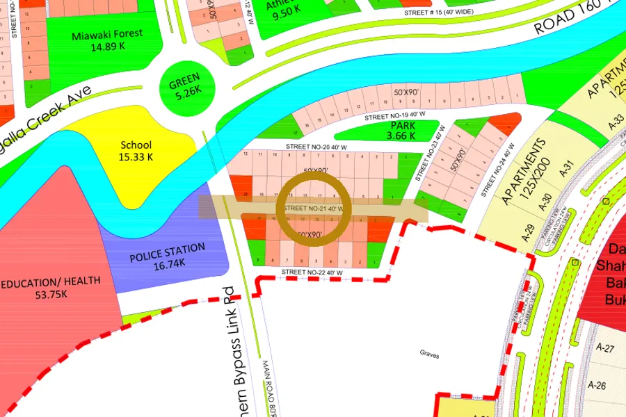Street 21 in the West sector on the Margalla Enclave master plan, marked with a ring
