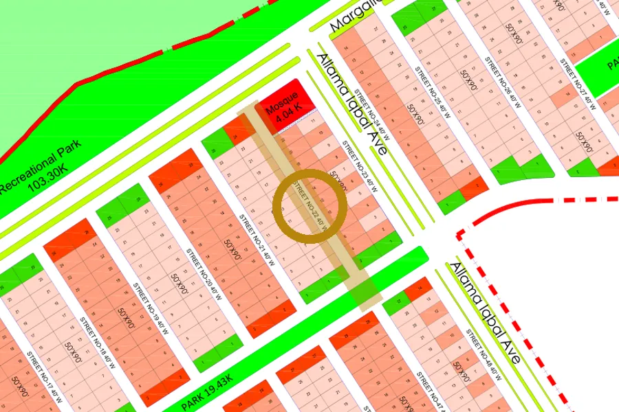 Street 22 in the North-East sector on the Margalla Enclave master plan, marked with a ring