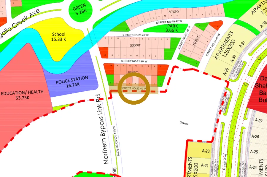 Street 22 in the West sector on the Margalla Enclave master plan, marked with a ring