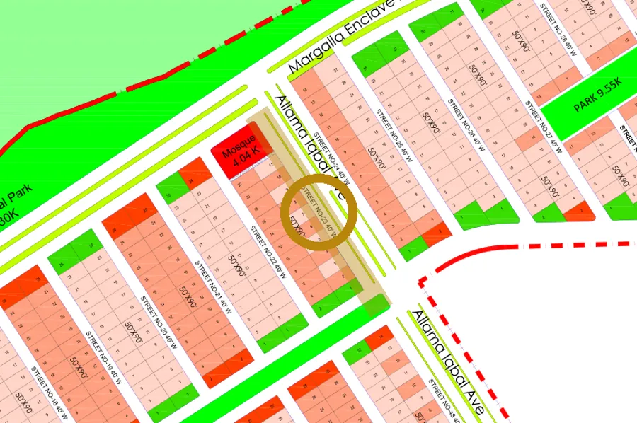 Street 23 in the North-East sector on the Margalla Enclave master plan, marked with a ring