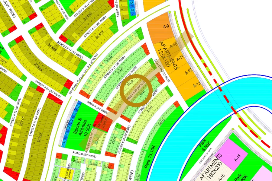 Street 23 in the South-East sector on the Margalla Enclave master plan, marked with a ring