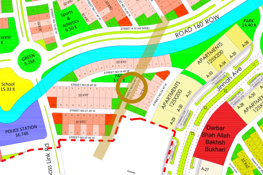 Street 23 in the West sector on the Margalla Enclave master plan, marked with a ring