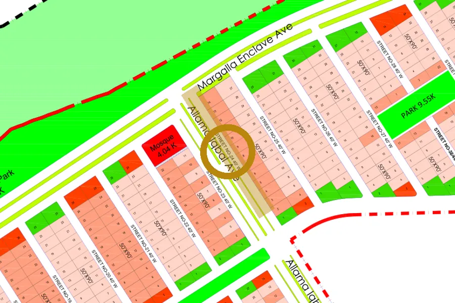 Street 24 in the North-East sector on the Margalla Enclave master plan, marked with a ring