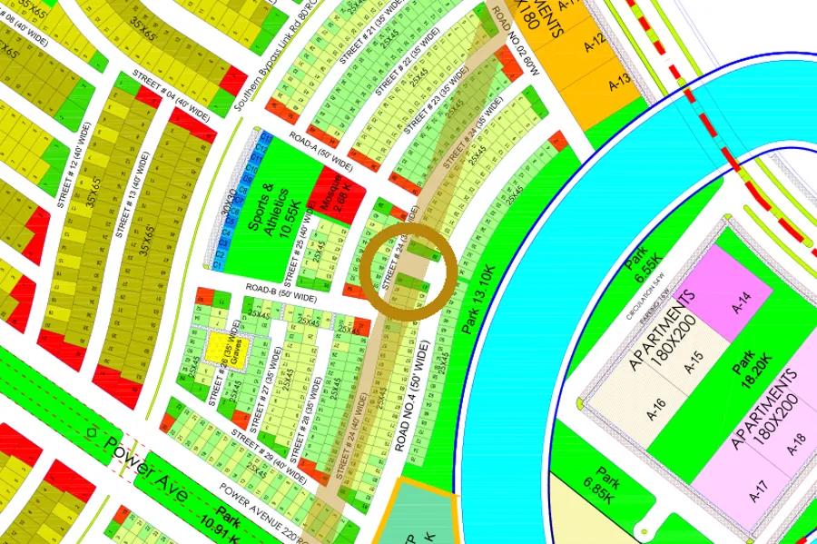 Street 24 in the South-East sector on the Margalla Enclave master plan, marked with a ring