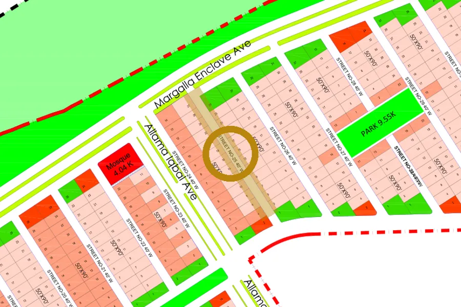 Street 25 in the North-East sector on the Margalla Enclave master plan, marked with a ring