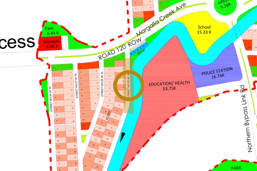 Street 25 in the West sector on the Margalla Enclave master plan, marked with a ring