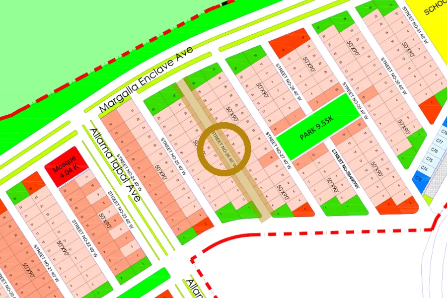 Street 26 in the North-East sector on the Margalla Enclave master plan, marked with a ring