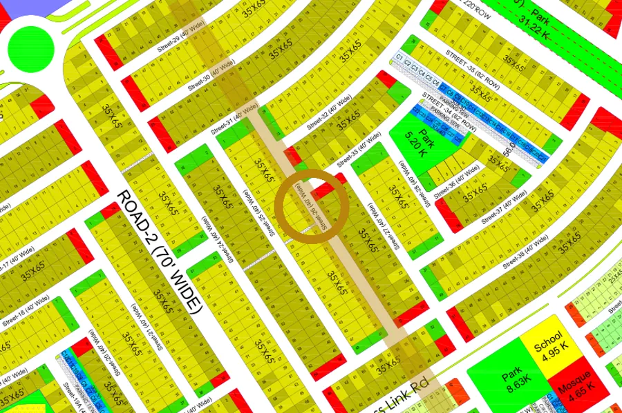 Street 26 in the South sector on the Margalla Enclave master plan, marked with a ring