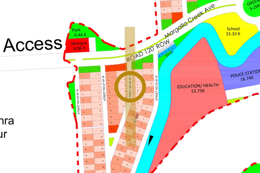 Street 26 in the West sector on the Margalla Enclave master plan, marked with a ring