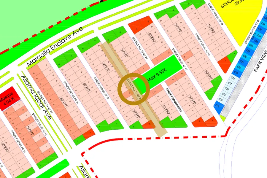 Street 27 in the North-East sector on the Margalla Enclave master plan, marked with a ring