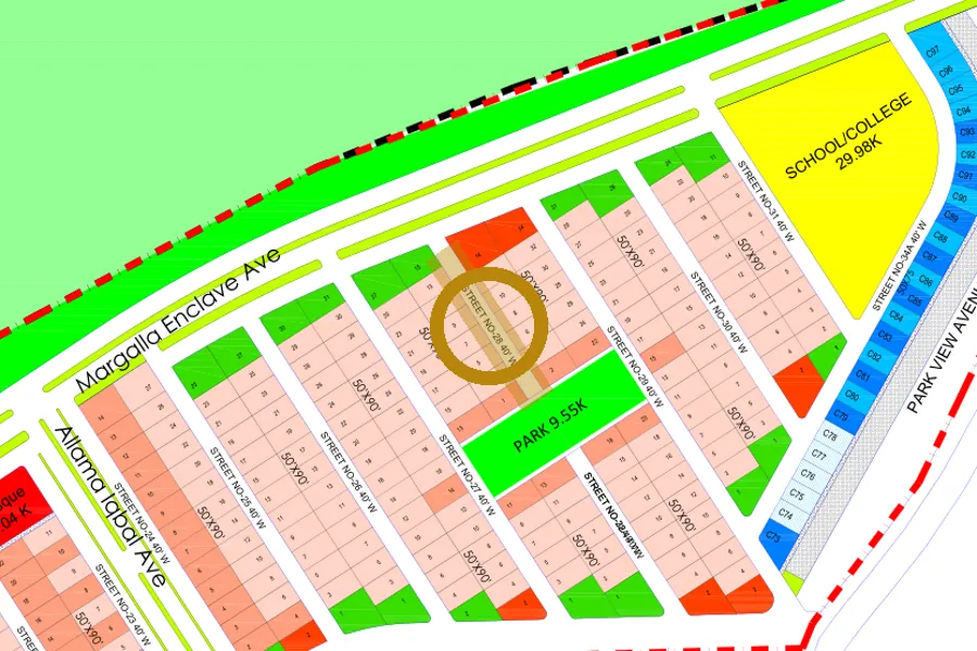 Street 28 in the North-East sector on the Margalla Enclave master plan, marked with a ring