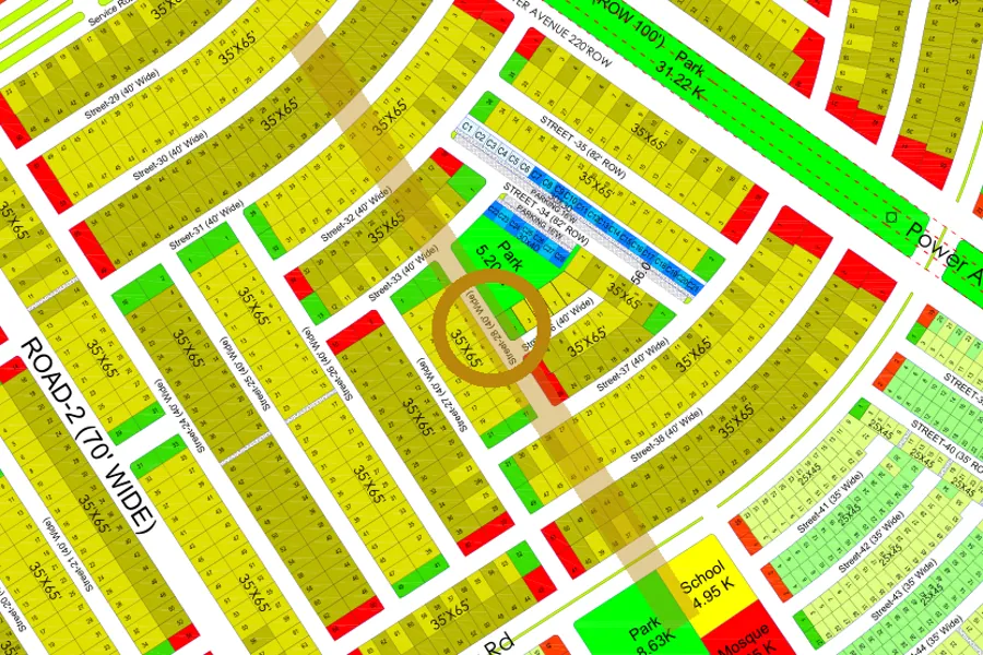 Street 28 in the South sector on the Margalla Enclave master plan, marked with a ring