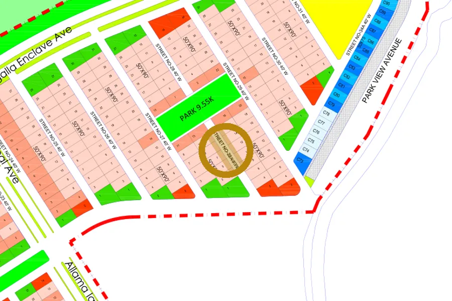 Street 28A in the North-East sector on the Margalla Enclave master plan, marked with a ring