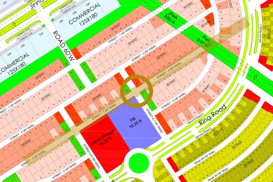 Street 3 in the Lake East sector on the Margalla Enclave master plan, marked with a ring