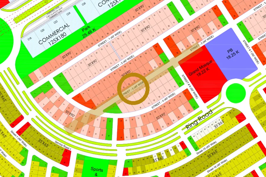 Street 3 in the Lake West sector on the Margalla Enclave master plan, marked with a ring