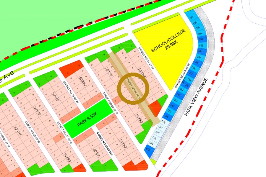 Street 30 in the North-East sector on the Margalla Enclave master plan, marked with a ring