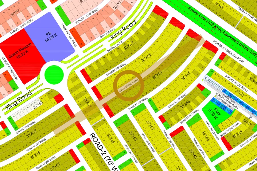 Street 30 in the South sector on the Margalla Enclave master plan, marked with a ring