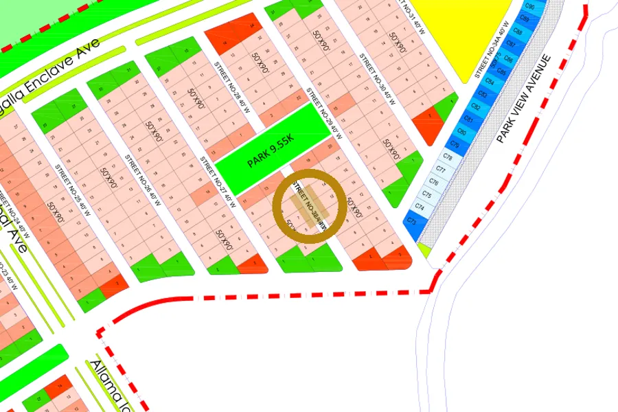 Street 32 in the North-East sector on the Margalla Enclave master plan, marked with a ring
